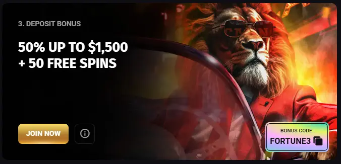 FortunePlay Casino page highlighting the third deposit bonus and its terms.
