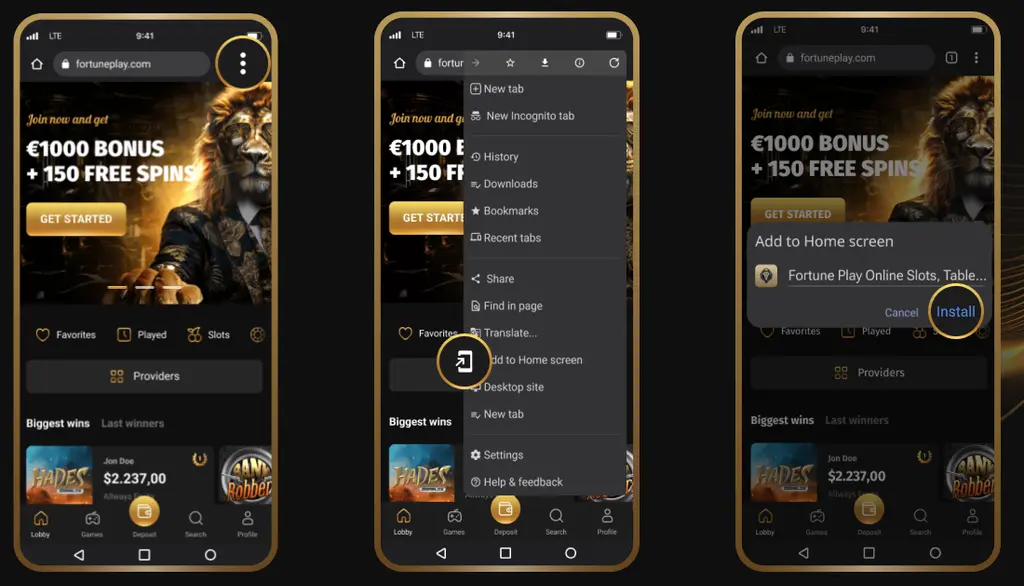Fortune Play Online Casino guide showing how to download and install the app on Android.