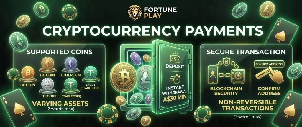 Fortune Play Casino page featuring cryptocurrency payment options for online casino transactions.