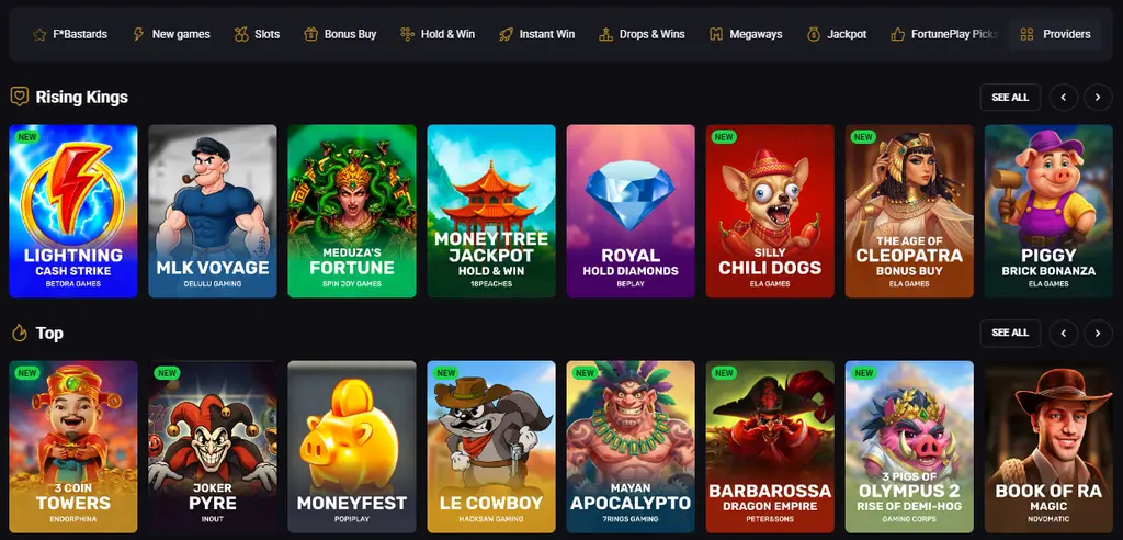 Fortune Play page featuring real money slots and available game categories.