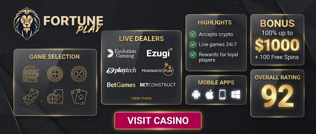 An informational banner for the online casino Fortune Play, featuring a rating of 92, a welcome bonus of up to $1,000, and a list of providers and available games.