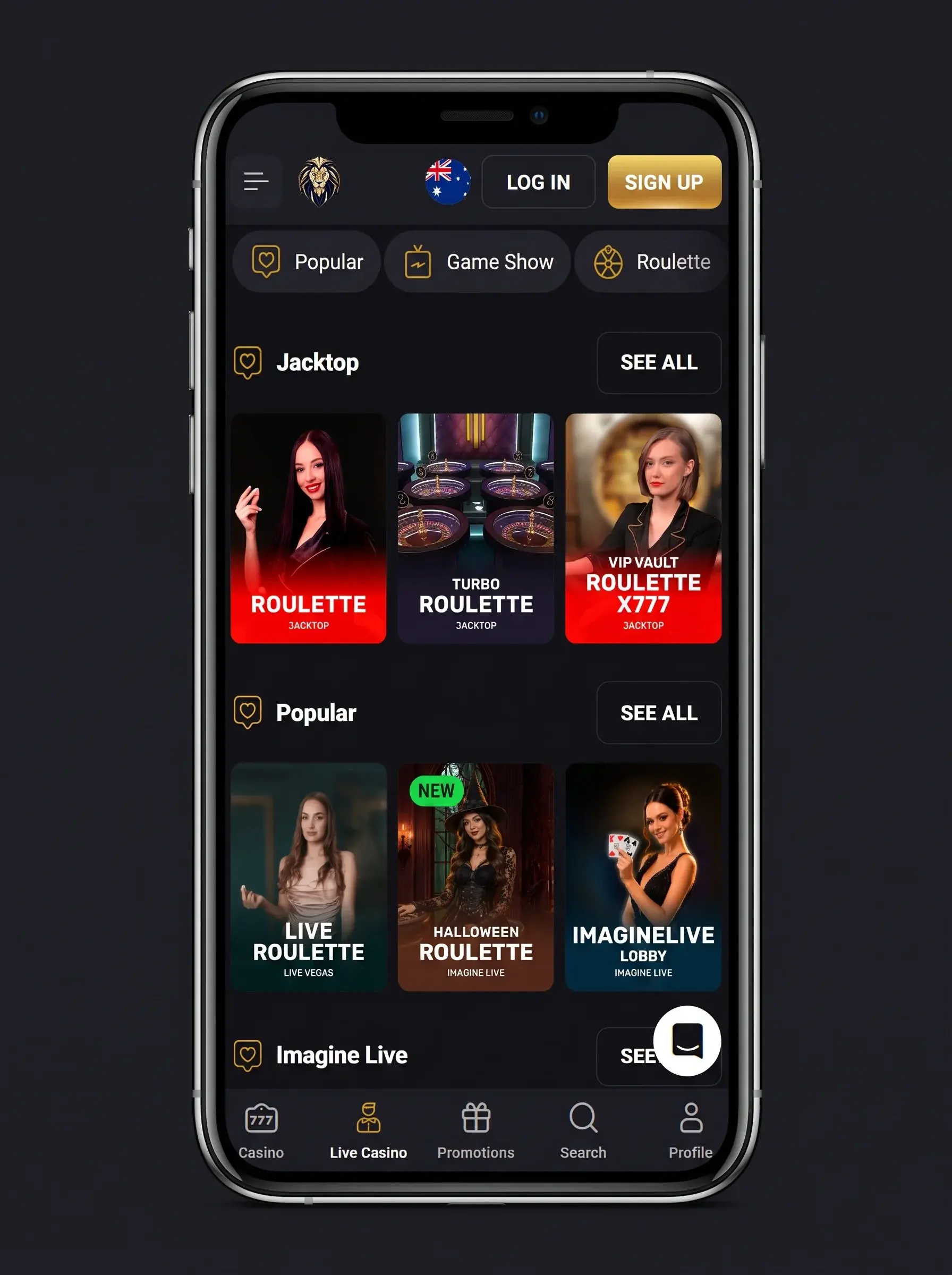 A screenshot of the mobile version of an Fortune Play Live Casino, tailored for Australian players—as indicated by the Australian flag icon in the top panel.