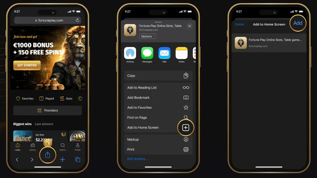 Casino FortunePlay page with instructions for downloading and installing the iOS app.