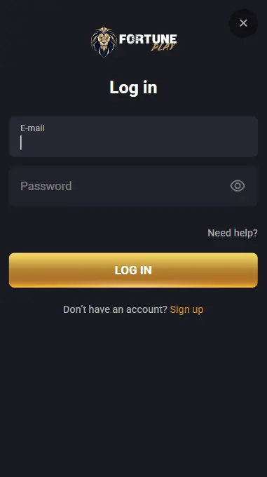FortunePlay app screen showing mobile registration and login options.