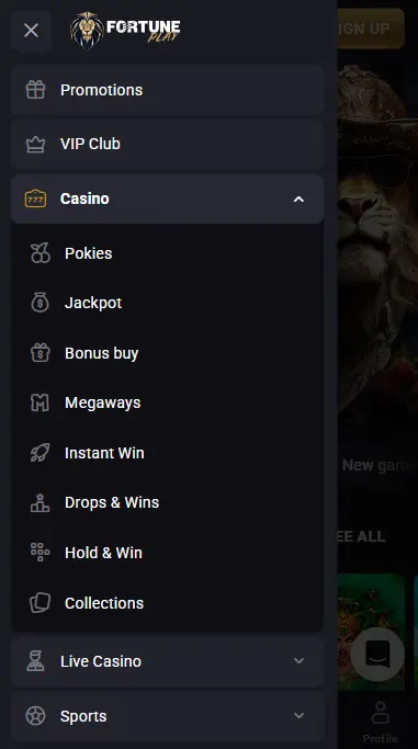 Fortune Play Online app interface screenshot showing mobile casino navigation and game categories.
