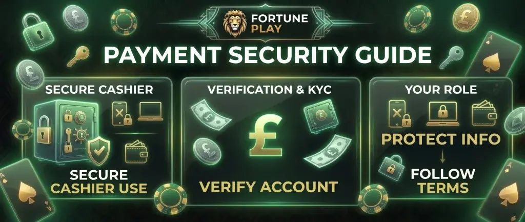 FortunePlay Casino page outlining payment security features and protected transactions.
