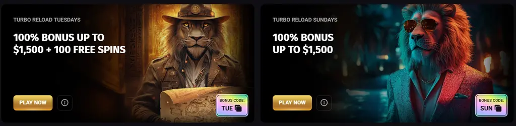 Play Fortune Casino page featuring reload rewards and cashback bonus offers.