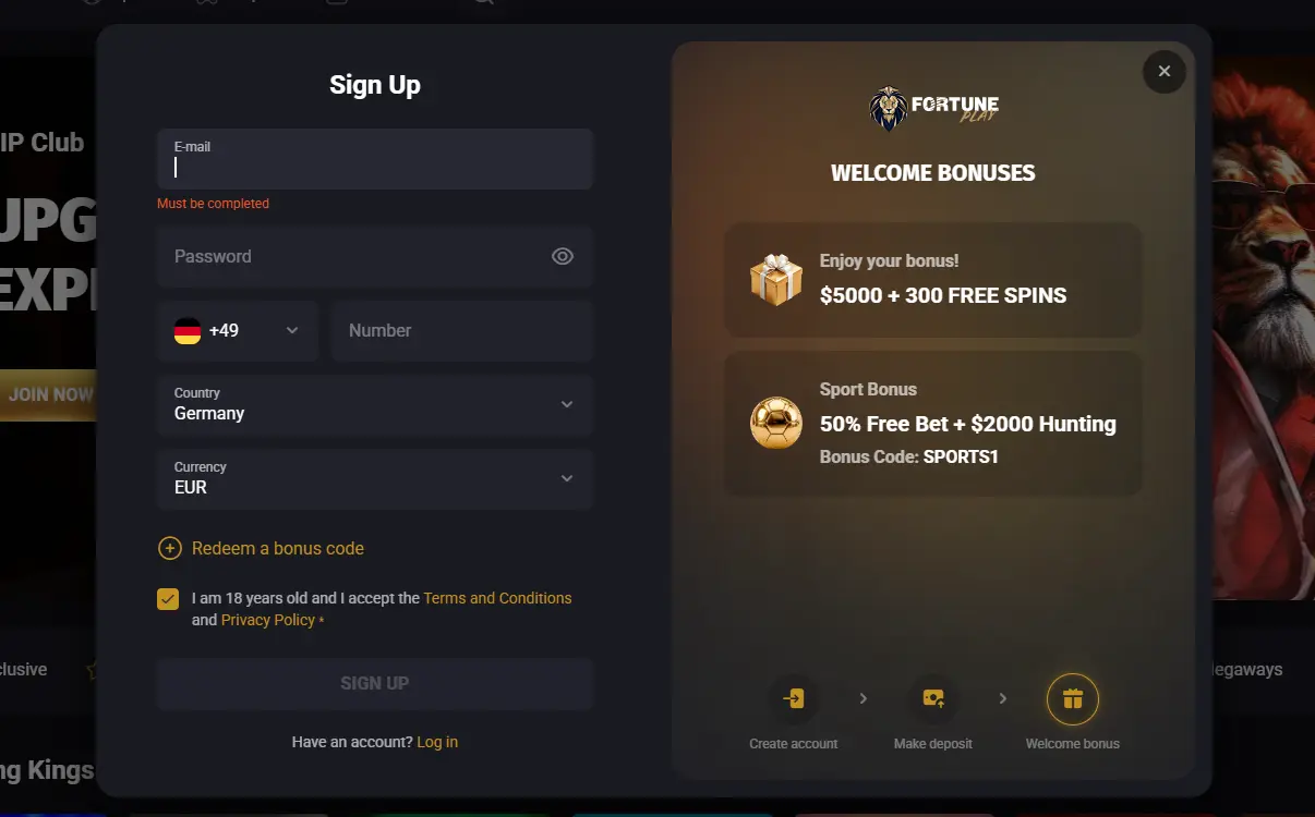 Fortune Play registration page showing the account creation procedure for new players.