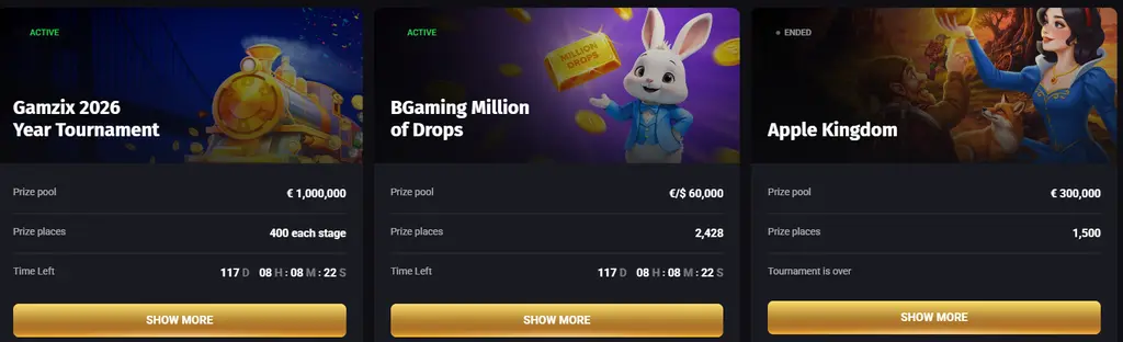 Casino Fortune Play tournaments page showing player competitions, prizes, and rankings.