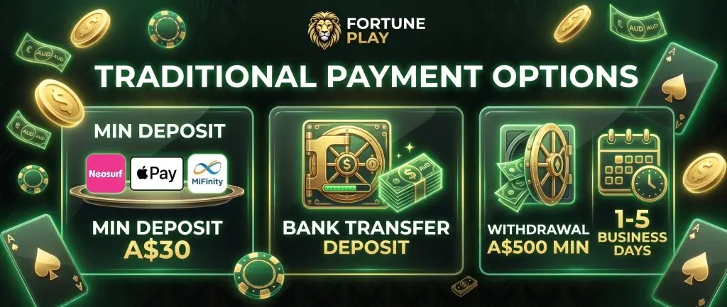 FortunePlay page showing traditional banking options for casino deposits and withdrawals.