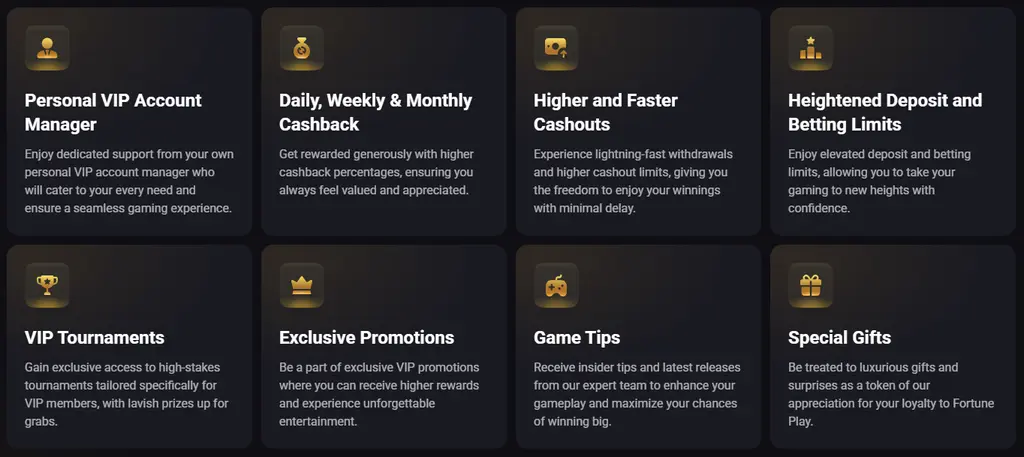 FortunePlay page featuring additional VIP benefits and player rewards.