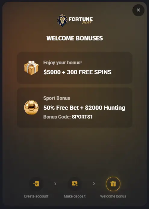 Fortune Play page showing available casino promotions, bonuses, and special offers.